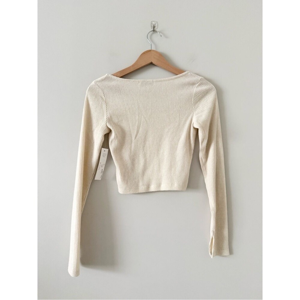 NWT Theo & Spence Ribbed Knit Scoop Long Sleeve Lounge Crop Top Cream Size S - Picture 2 of 6